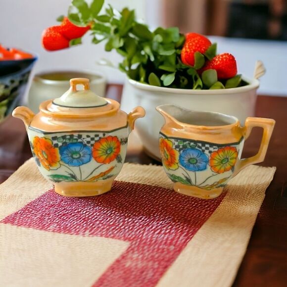 Vintage Lusterware Sugar Creamer Set Handpainted Japan Poppies Floral Peach - Picture 14 of 16